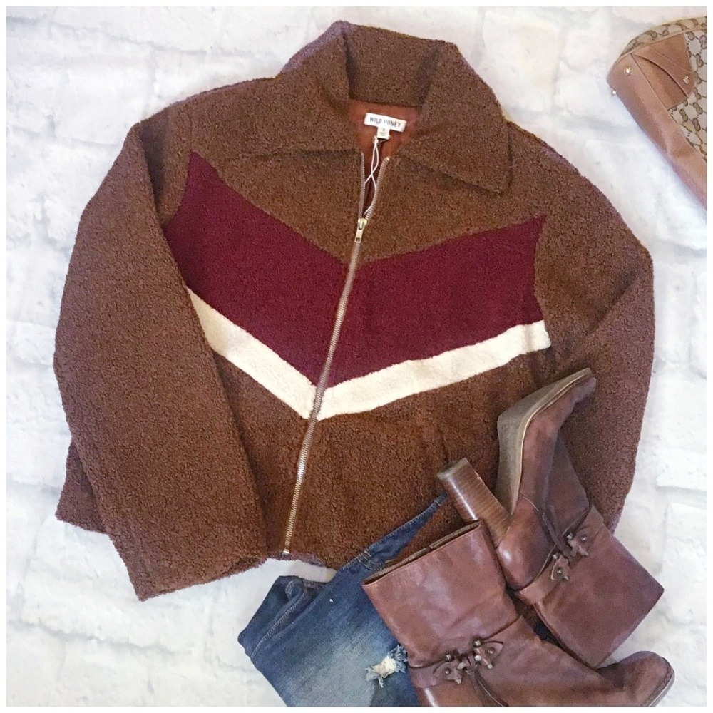 Wild Honey Sherpa Fleece Jacket Women Size S Rust Brown Chevron Colorblock Zip